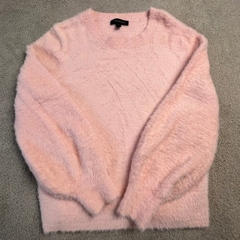Banana Republic Sweater Women's Large Crew Neck Pink Eyelash Petite Fluffy Furry